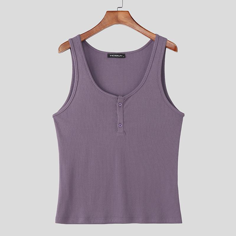 

INCERUN Men Sleeveless Casual Tank Tops Solid Color Rib Fitted Undershirts 5XL фиолетовый