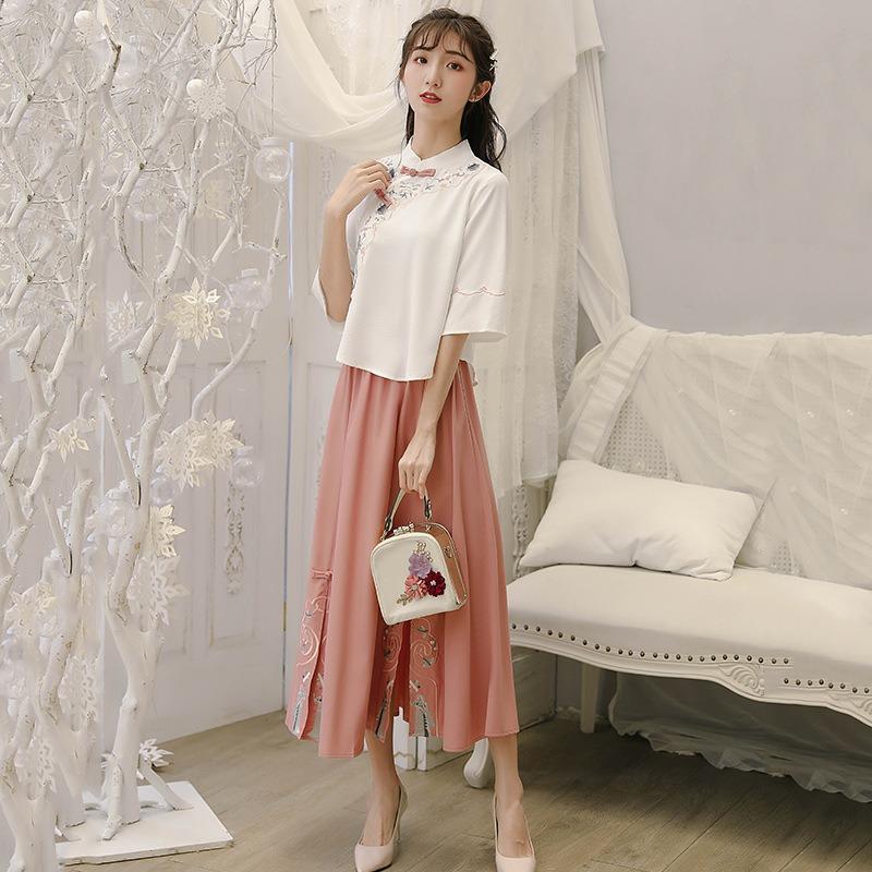 Элегантный летний женский Ханфу, новый, с бабочками, милый китайский костюм, вышитый костюм, блузка Ханфу, юбка, комплект из двух предметов S розовый