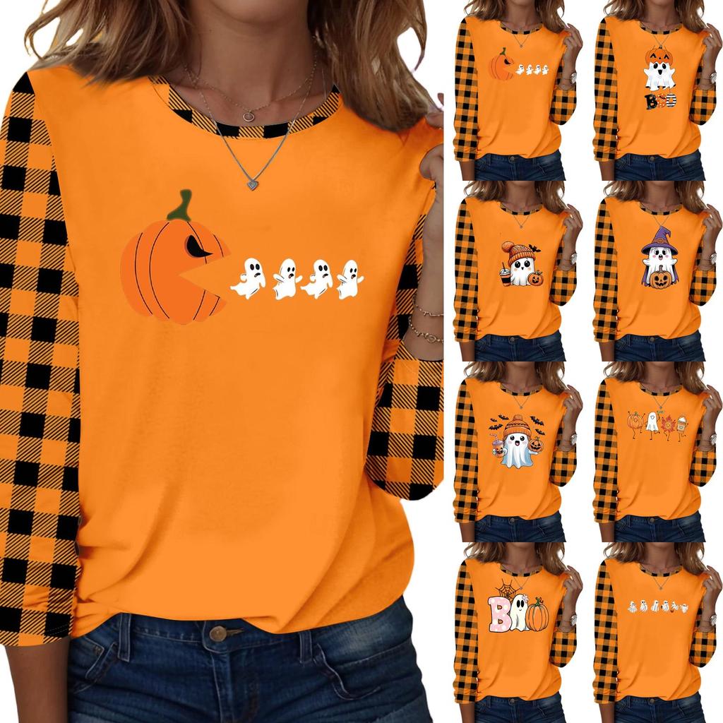 Women's Casual Long Sleeve Halloween Print Round Neck T-Shirt for Fall Everyday Wear