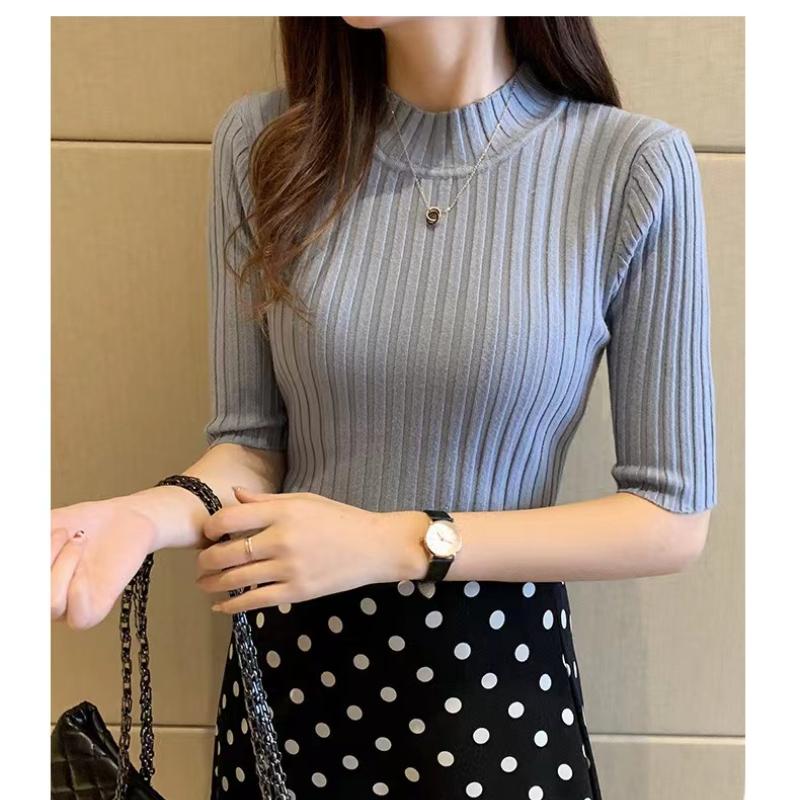 Slim Casual Base Knitted Shirts Women Pullover Half Sleeve Casual Sweater Blouses Women Solid Basic Tee Tops 13466