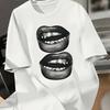 Punk & Lippen Grafikprint T-Shirt, Kurzarm Rundhals Freizeit Oberteil für Sommer & Frühling, Damenbekleidung