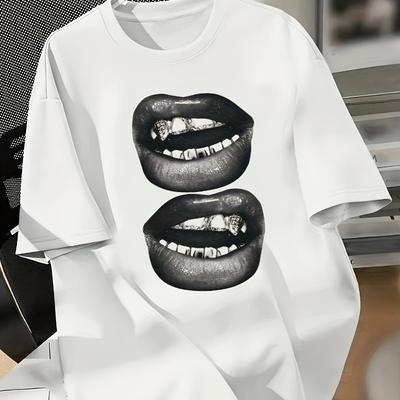 T-shirt Grafica Punk & Labbra, Manica Corta Girocollo Top Casual per Estate & Primavera, Abbigliamento Donna