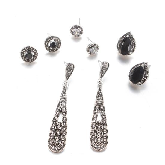 4Pair Antique Teardrop Round Rhinestone Carved Dangle Stud Earrings Jewelry Gift