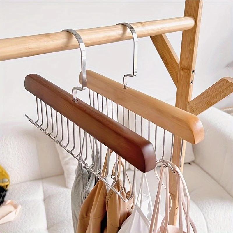 Wooden Sling Hanger Organizer with Multiple Hooks for Underwear Bras Vests Space-Saving Durable Storage Rack Hangers for Clothes