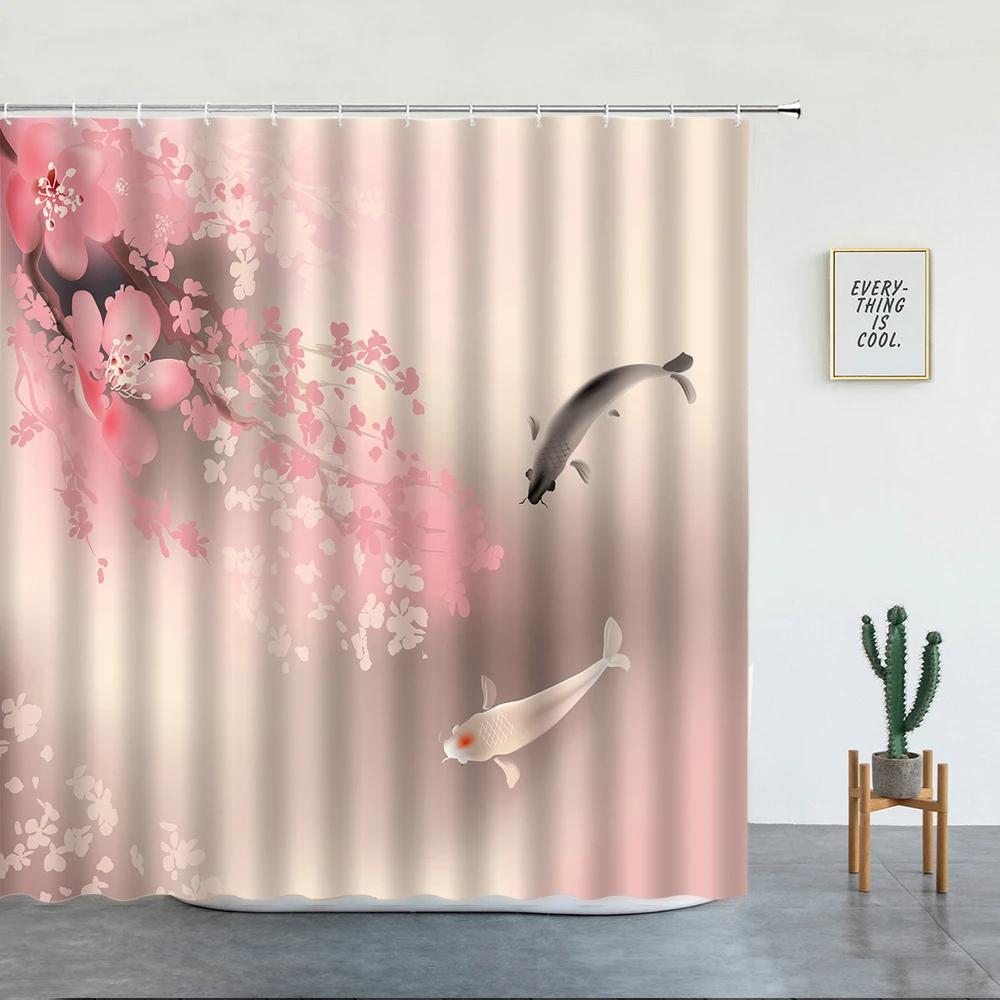 Japanese Scenery Shower Curtains Koi Carp Fish And Cherry Blossom For Bathroom Decor Set Washable Fabric Bath Screen With Hooks