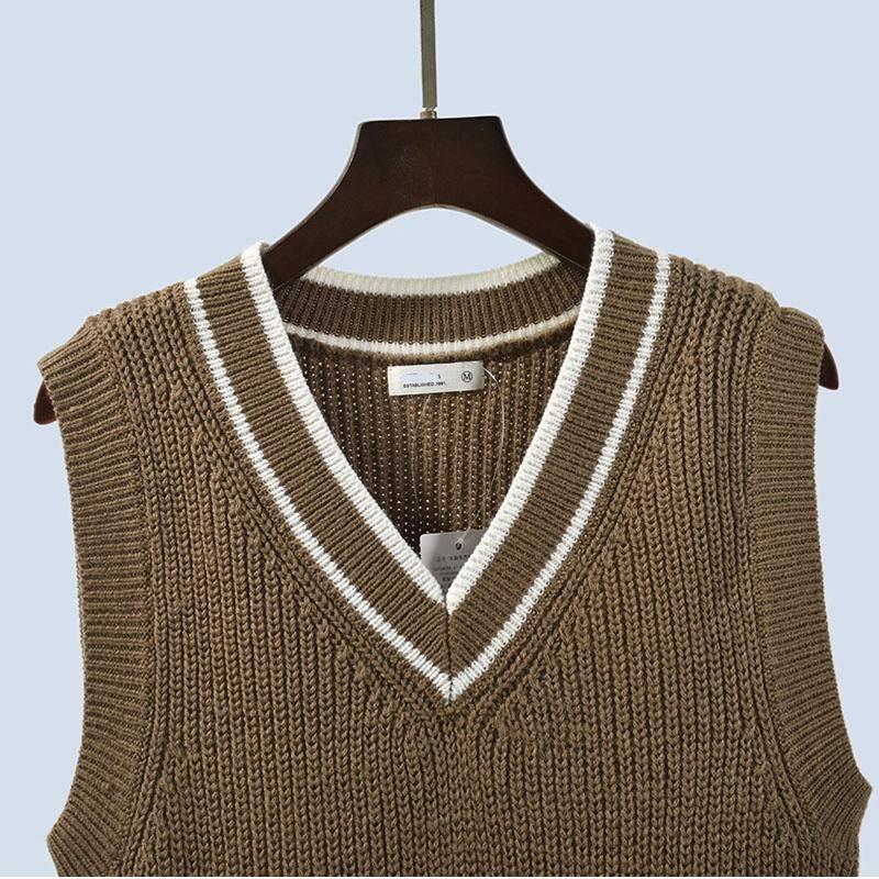 V Neck Sleeveless Short Color Matching Bandage Dress Preppy Style Knitting Sweater Export Quality Vest Jacket Women's Inner