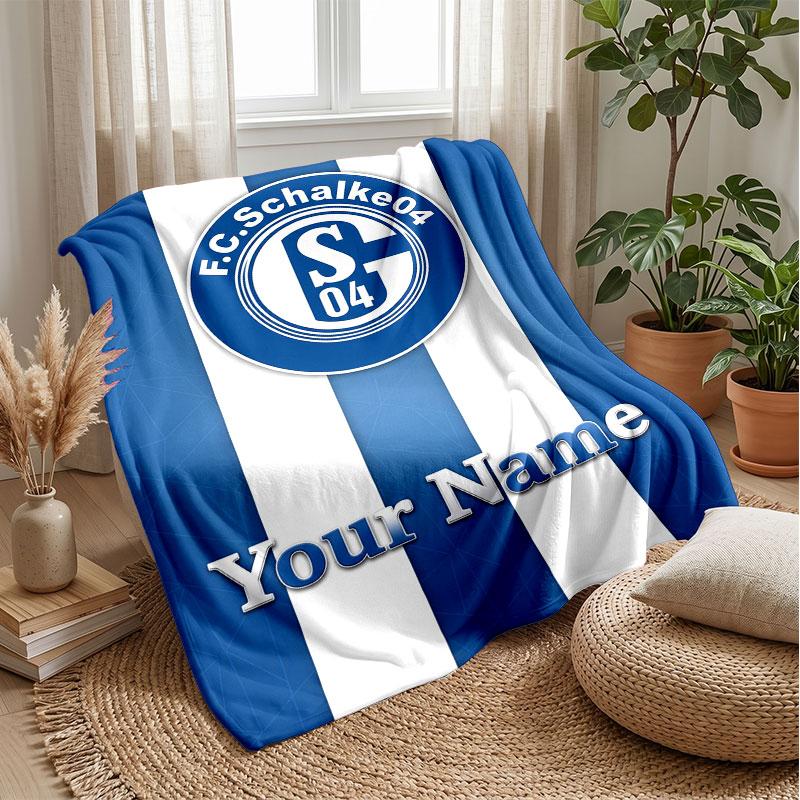 Schalke 04 FC Custom Name Text Flannel Blanket Soccer Logo Personalized Fleece Throw Blanket Special Gift For Sofa Bedroom Home