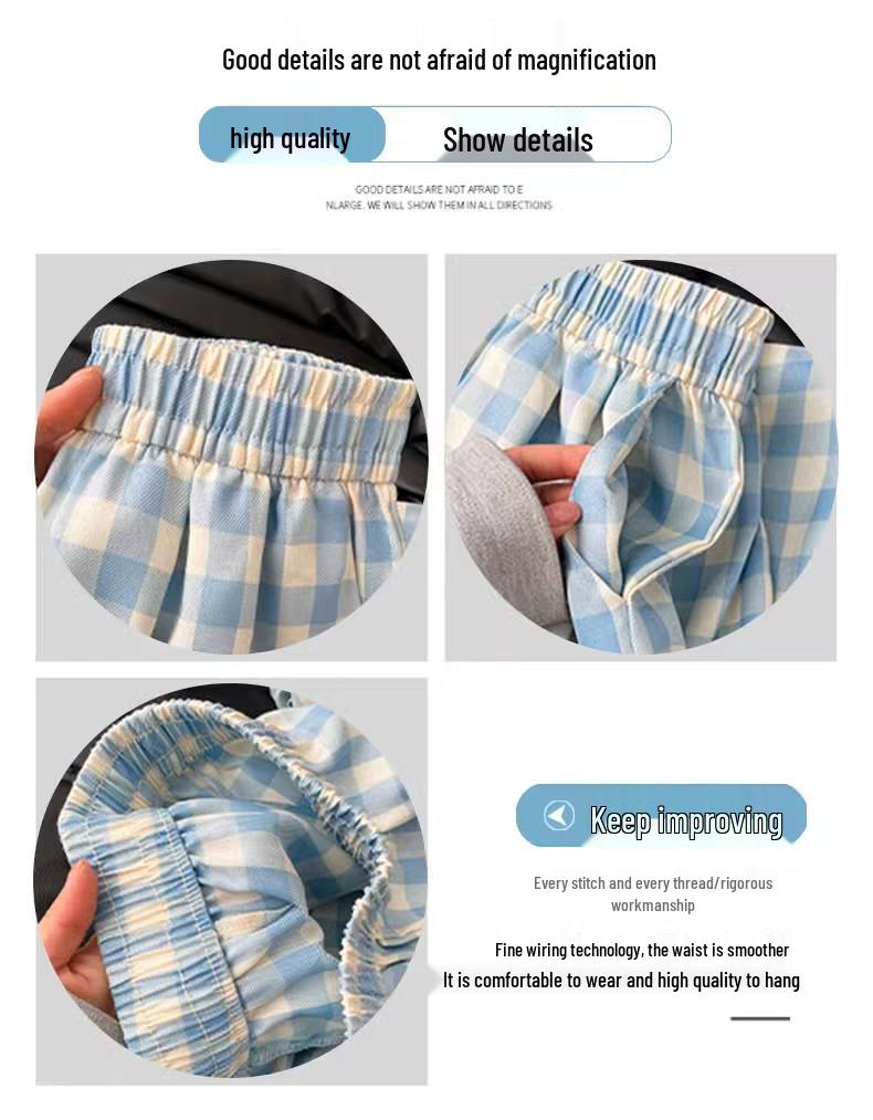 Women's Blue Plaid High-Waisted Loose-Fit Yamamoto Pants - Petite, Casual Wide-Leg, Spring/Autumn 2025 Collection.