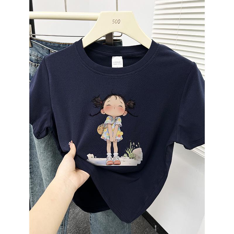 

Мультяшный принт, маленькая футболка с круглым вырезом и короткими рукавами для женщин - Молодящая корейская летняя мода XXL темно-синий