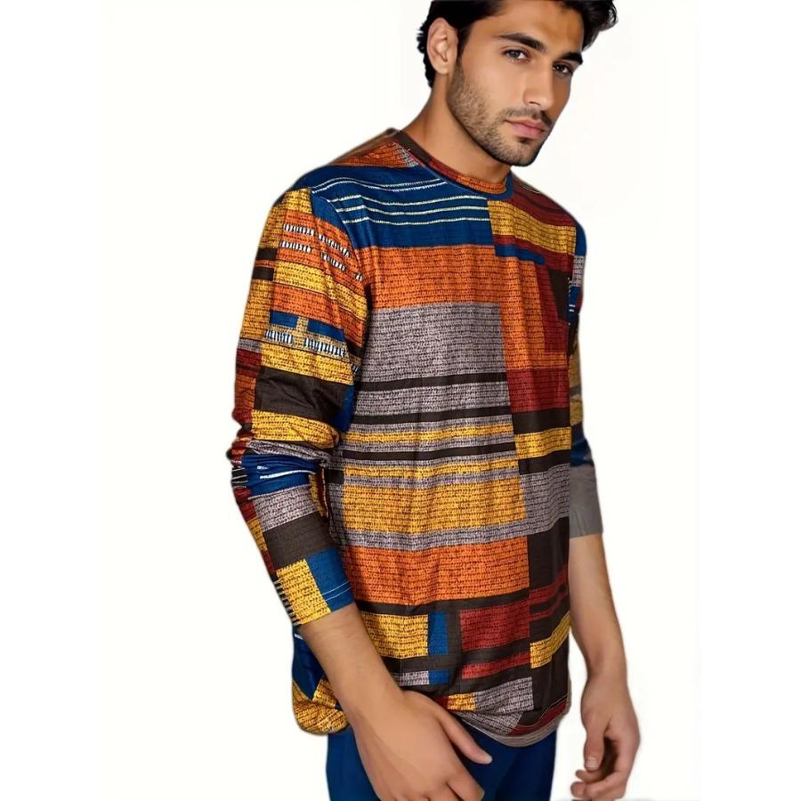 Men's Vibrant Plaid Crew Neck Long Sleeve T-Shirt - Soft, Breathable Comfortable Spring and Autumn Outdoor Activities and Sports - Perfect for Casual