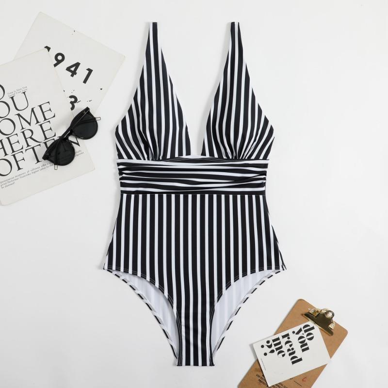 Deep V Neck Vertical Stripe One Piece Swimsuit Ruched High Wais Cut Bathing Suit