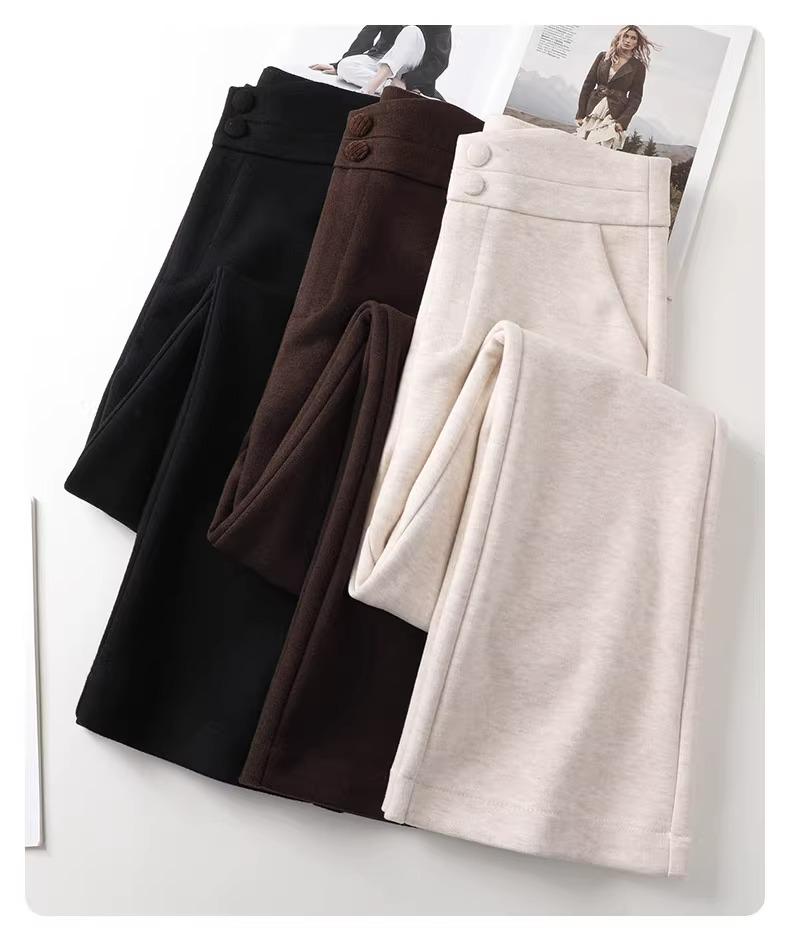 Beige Woolen Micro-Flare Pants for Women - Autumn/Winter 2024 Collection, Slimming Thick Cashmere for Petite Sizes.