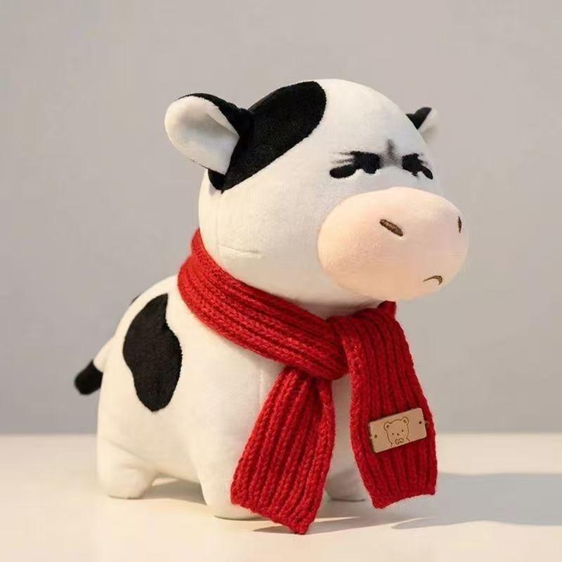 

Cute Grassland Cow Plush Toy With Red Scarf For Kids And Adults Gifts