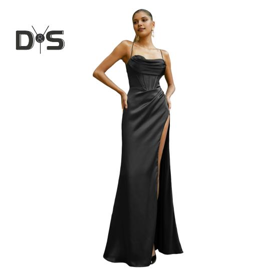 Kvinner Aftenkjole Spaghetti Stropp Lavt avskåret skulder Ryggløs Ermeløs Spaltekant Plissert Maxikjole Satin Bryllupsbankett Ballkjole