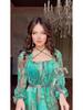2024 Summer European & American Women's Color Block Print Elegant Long Dress - Slim Fit, Square Neck, Long Sleeves