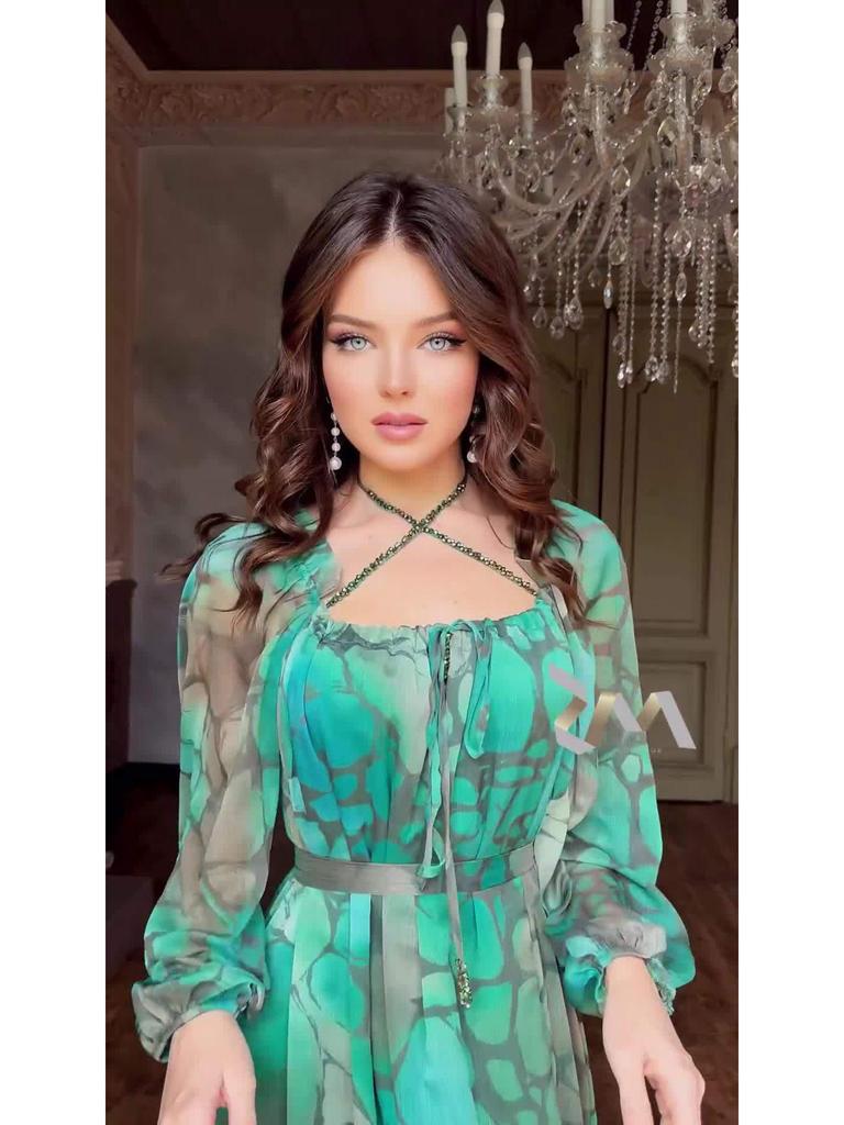 2024 Summer European & American Women's Color Block Print Elegant Long Dress - Slim Fit, Square Neck, Long Sleeves