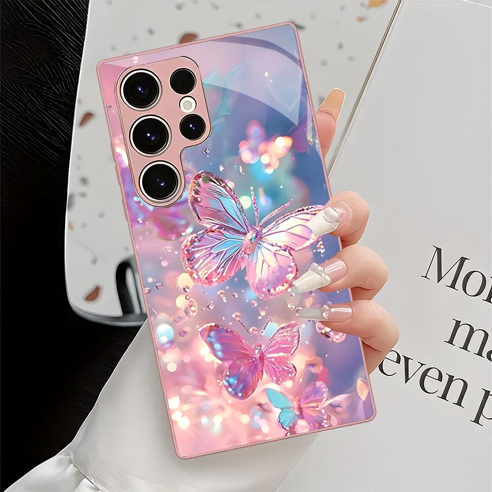 Beautiful Butterfly Metallic Glass Phone Case Suitable for Samsung Galaxy S26 S25 S24 S22 S21 S20 FE/Ultra/Plus Anti Drop