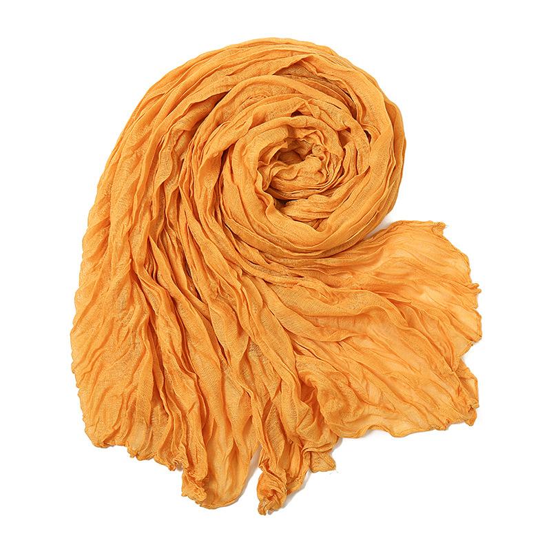 Solid Color Crinkle Cotton Linen Scarf New Warm Silk Pleated Green Retro Thin Long Strip Shawl Men And Women'S