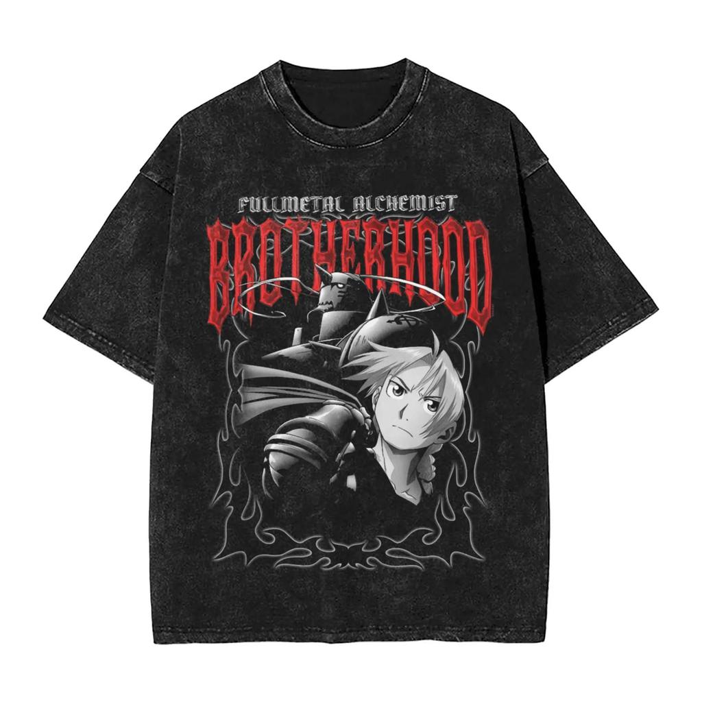 T-shirt Grafica Anime Fullmetal Alchemist Brotherhood Cornice Gotica Fratelli Uomo Donna Vintage Lavato Girocollo Cotone Oversize Top Girocollo Cotone