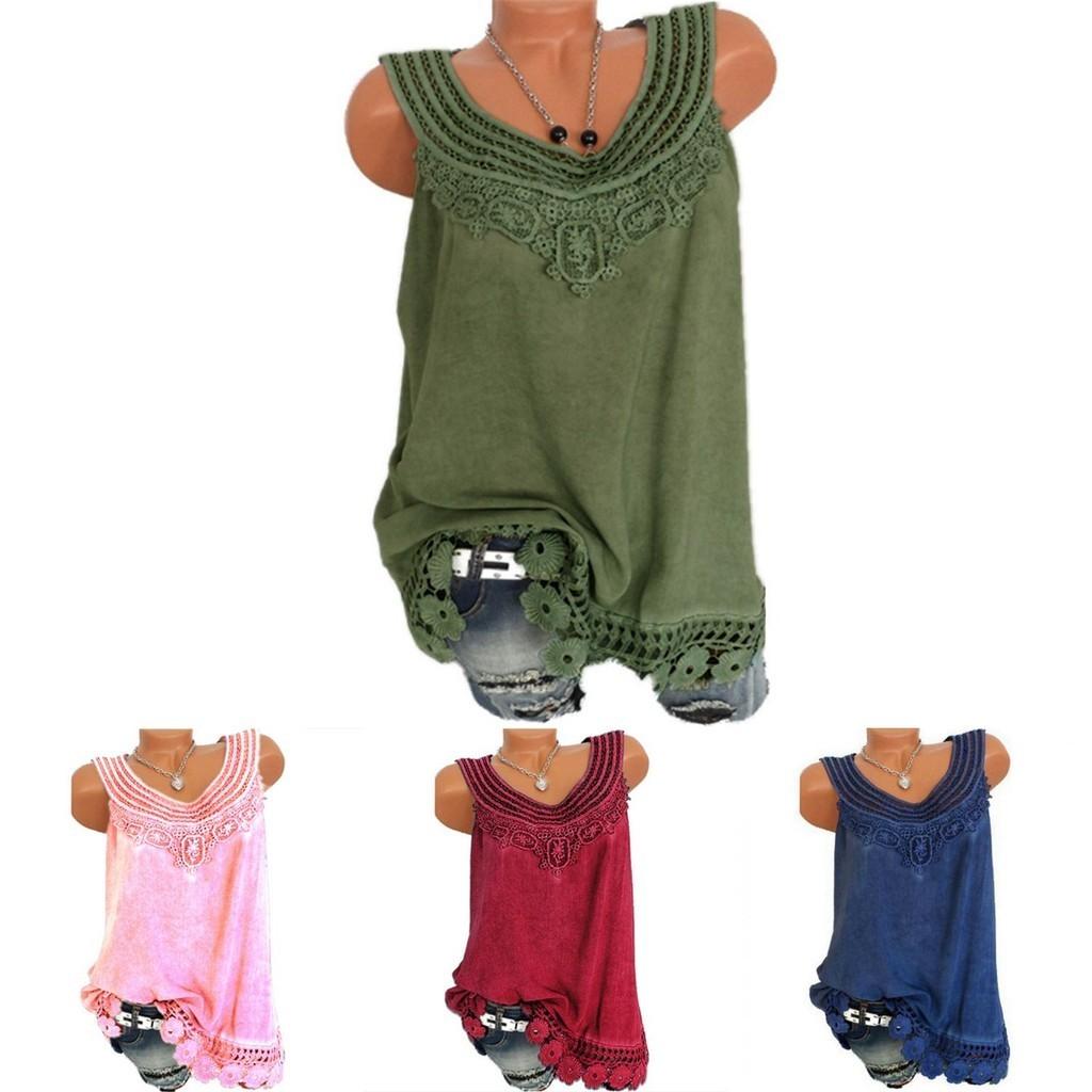 Women's Loose Sleeveless Vest T-shirt Blouse With Elegant Boho Lace Design In Plus Sizes