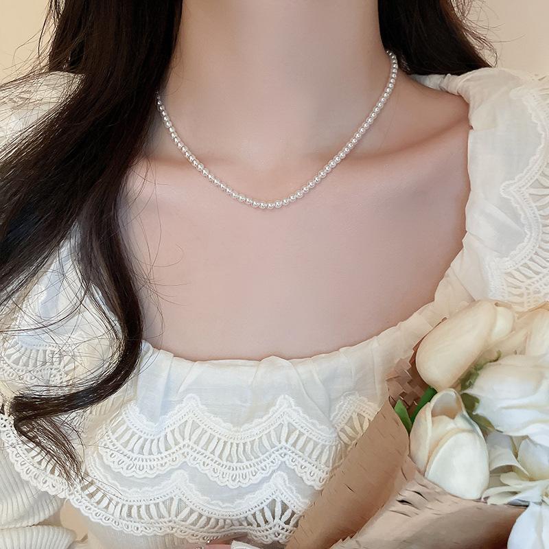 French Long Stacked Colored Pearl Necklace, Simple Temperament Collarbone Chain, Retro Necklace for Women