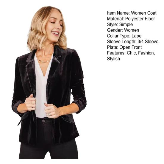 Women's Velvet Blazer Ruched 45720 Sleeve Lapel Open Front Cardigan