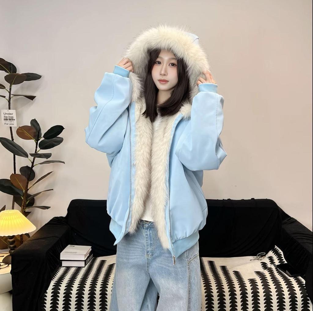 Winter Marble Base Mountain Hooded PU Leather Jacket with Faux Mink Fur for Men & Women - Warm Cotton Couple Jacket