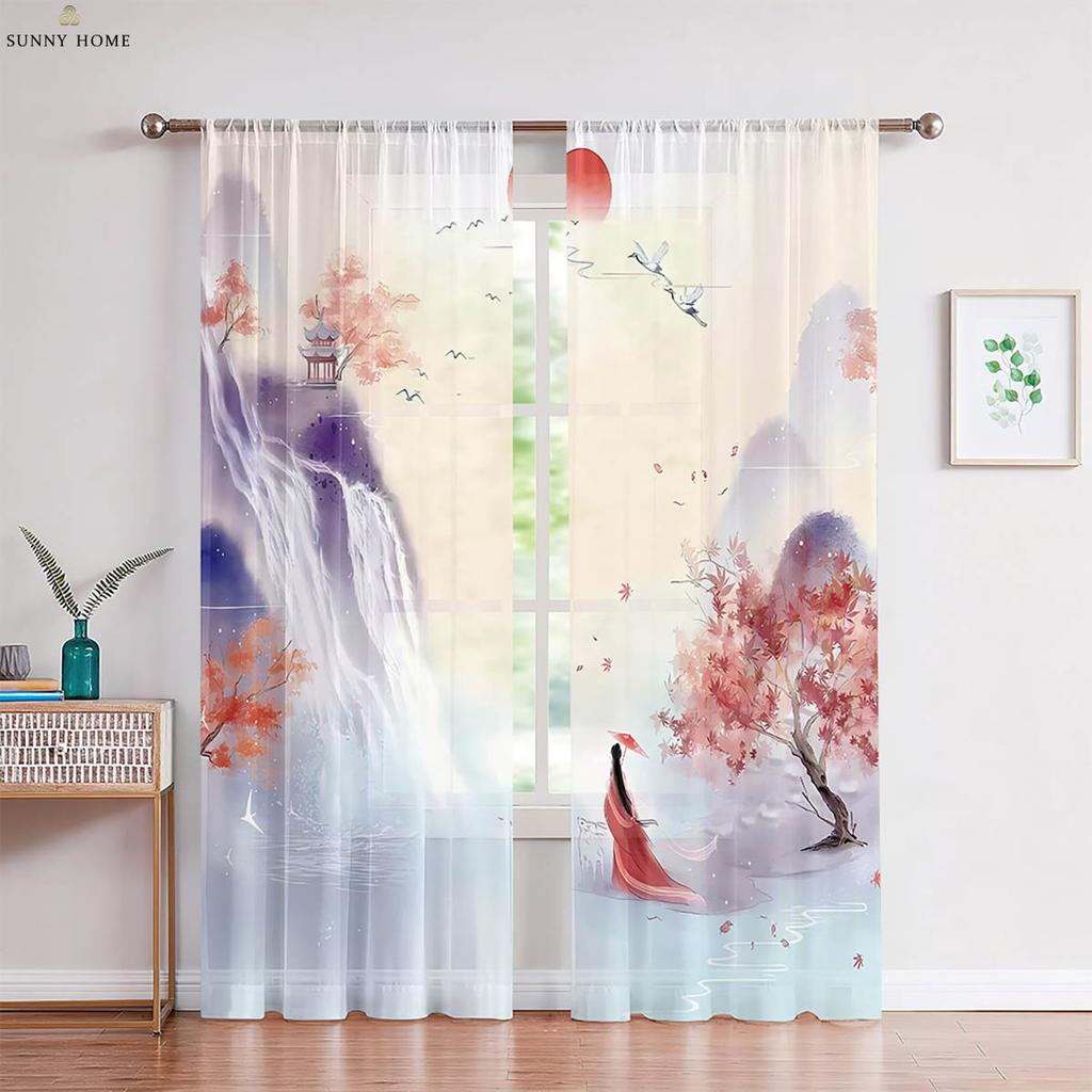 Set Of 2 Landscape Ink Painting Printed Curtains Black White Bedroom Living Room Study Decorative Made Polyester Great Window Treatment