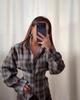 2026 Spring Plaid Lace-up Long-sleeve Shirt with Irregular Hem and Cinched Waist