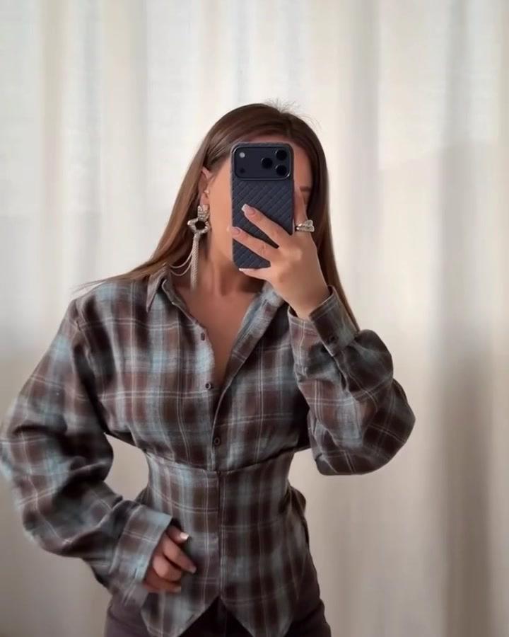 2026 Spring Plaid Lace-up Long-sleeve Shirt with Irregular Hem and Cinched Waist