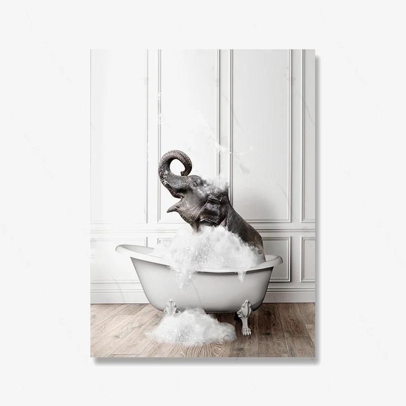 

Милое животное, очаровательный слон в ванной, настенное искусство, ретро-постер, белый медведь, пингвины, декор для ванной комнаты, холст, картина, скандинавский домашний принт 40x60cm No Framed