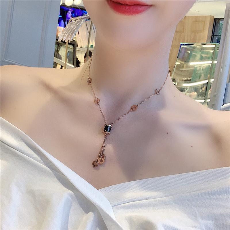 18K Rose Gold & Black Tassel Clavicle Necklace - Roman Numerals Titanium Steel & Ceramic Plated Choker for Women Rose Gold Black Ceramic
