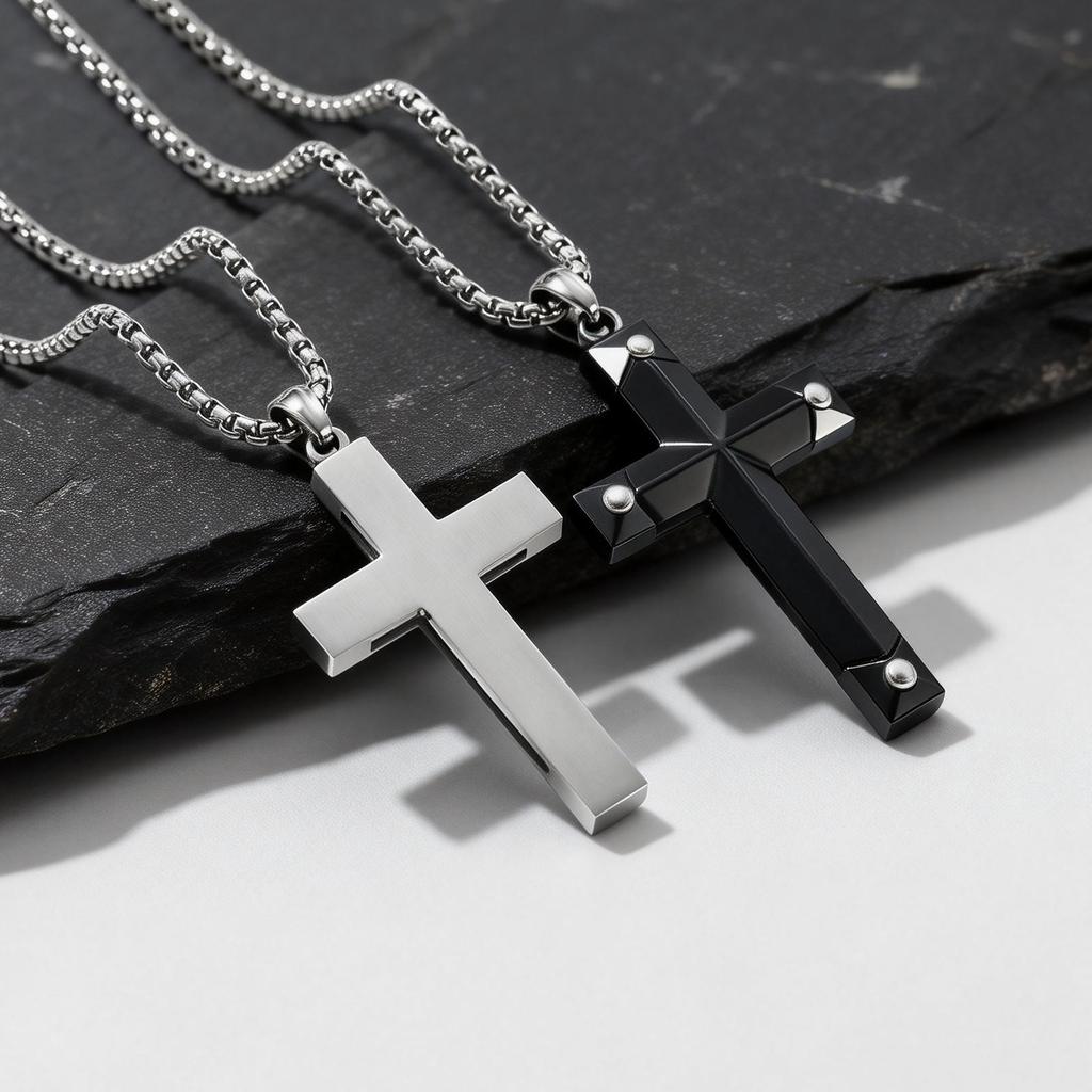 Luxe Natuurlijke Zwarte Onyx Kruis Ketting voor Mannen, Waterdichte Roestvrij Staal Kruis Hanger, Sieraden Cadeau voor Echtgenoot Vader Zoon