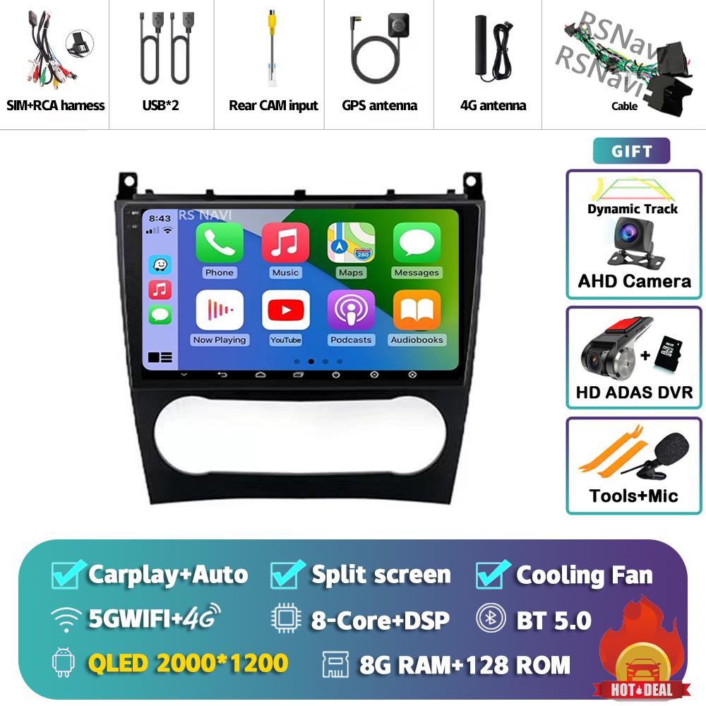 Android 14 Carplay Auto For Benz W203 Car Radio Player Multimedia Stereo Navigation 4G+WIFI AI Voice Head Unit DVD 360 Camera BT