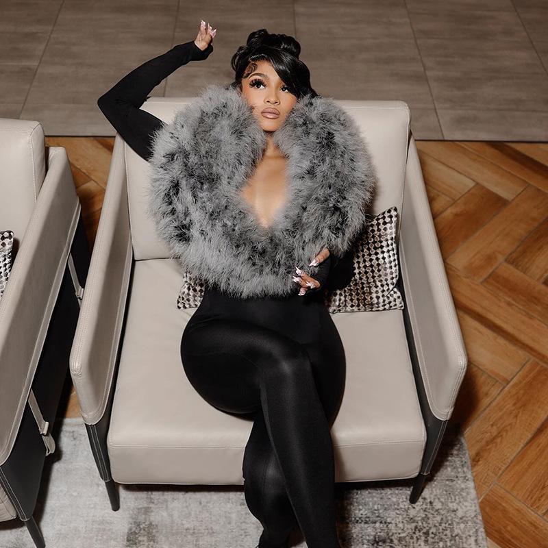 European Fashion Spicy Girl Autumn/Winter 2025 Women's Long Sleeve Fur Bodysuit Tights