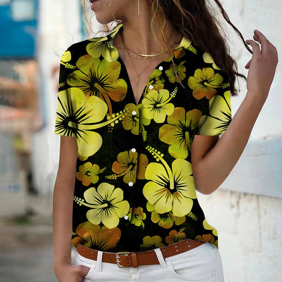 2025 Léto Nová Móda Dámská Květinová Krátký Rukáv Výstřih do V Ležérní Halenka s Knoflíky