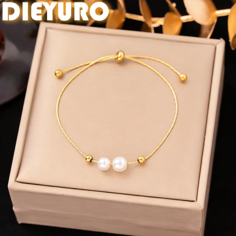 DIEYURO 316L Stainless Steel Golden Elegant Faux Pearl Accents Chic Pullable Bracelet Lady Classic Non-fading Hand Chain Jewelry