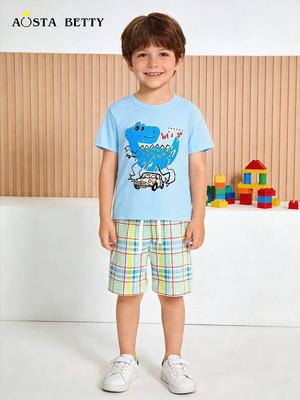 Summer 2026 Boys' Plaid Dinosaur Print Shorts Set - European & American Style Two-Piece