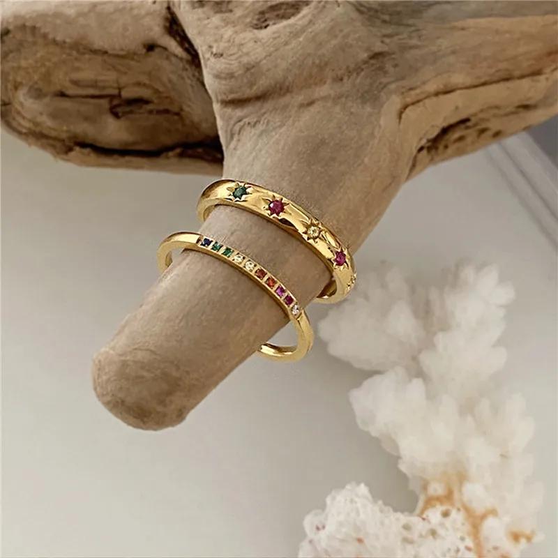 2PCS/Set Stainless Steel Rainbow Color Cubic Zircon Stone Finger Rings for Women INS Gold Color Waterproof Stars Ring Zircon