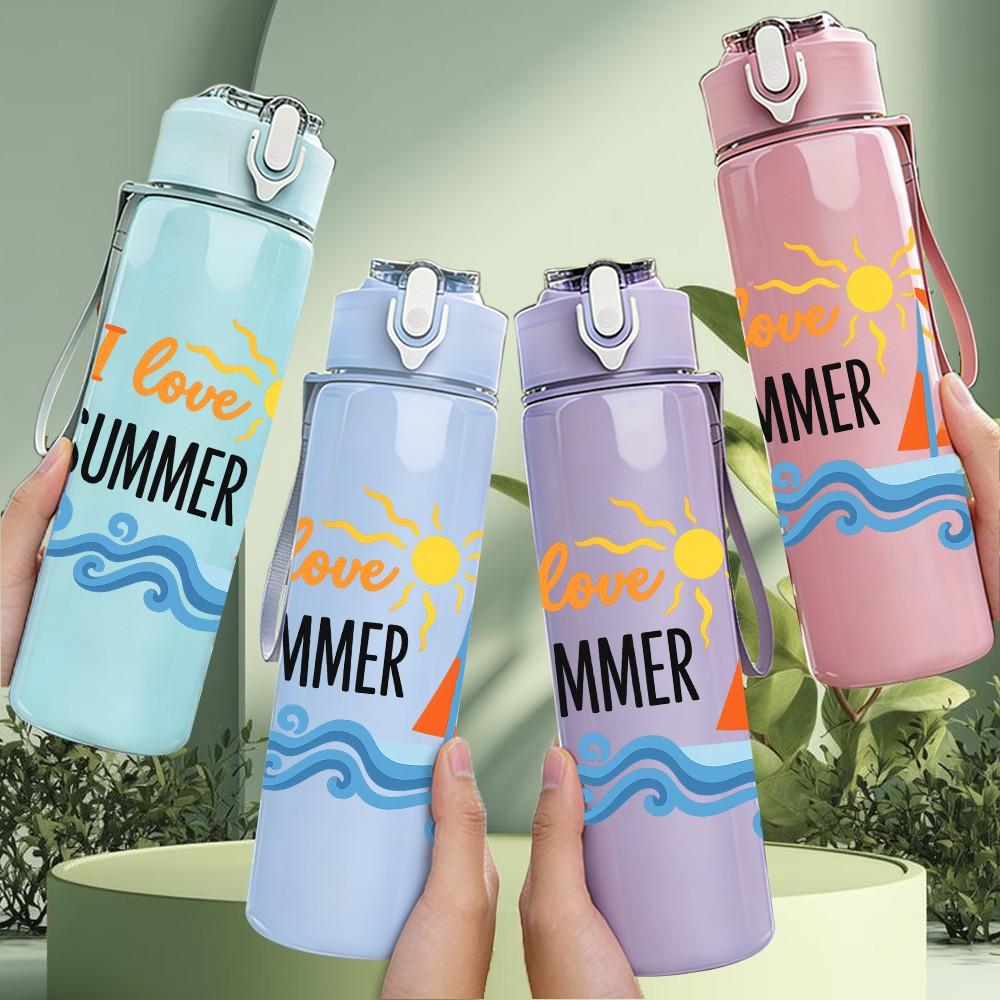 1PC I Love Summer Ocean Pattern 750ml Color Plastic Sports Water Bottle Leakproof Flip Straw Lid Suitable for Sports Office Home Use