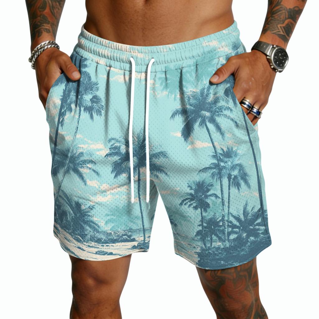Mens Casual Drawstring Shorts Lightweight Quick Dry Five Inch Shorts with Elastic Waistband and Hawaiian Print for Summer Beachwear
