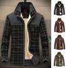 Lapel Long Sleeve Plaid Patchwork Print Pockets Single Breasted Men Coat Winter Thickened Fleece Lining Cotton Outerwear