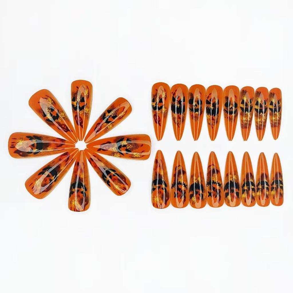 2025 Halloween Pumpkin Devil Face Long Pointed Nails - 24 Piece Set