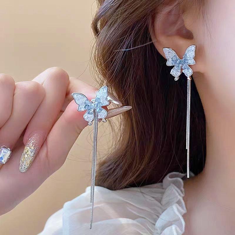 Sweet temperament gradual change butterfly tassel long earrings women, niche design show face thin earrings earrings