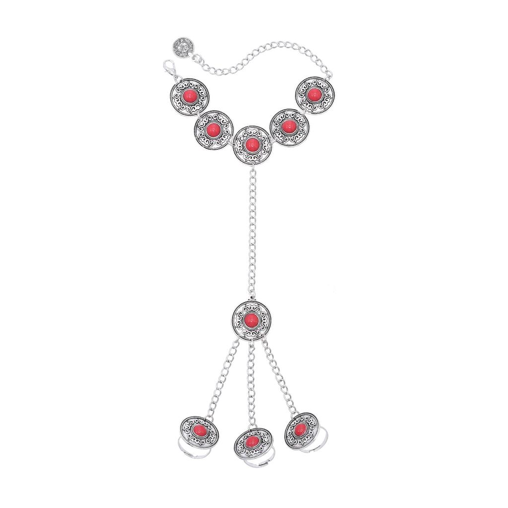 Vintage Silvery Long Chains Finger Pulling Bracelet Alloy Carving Flower Round Acrylic Gem Boho Ethnic Women's Bracelet Jewelry