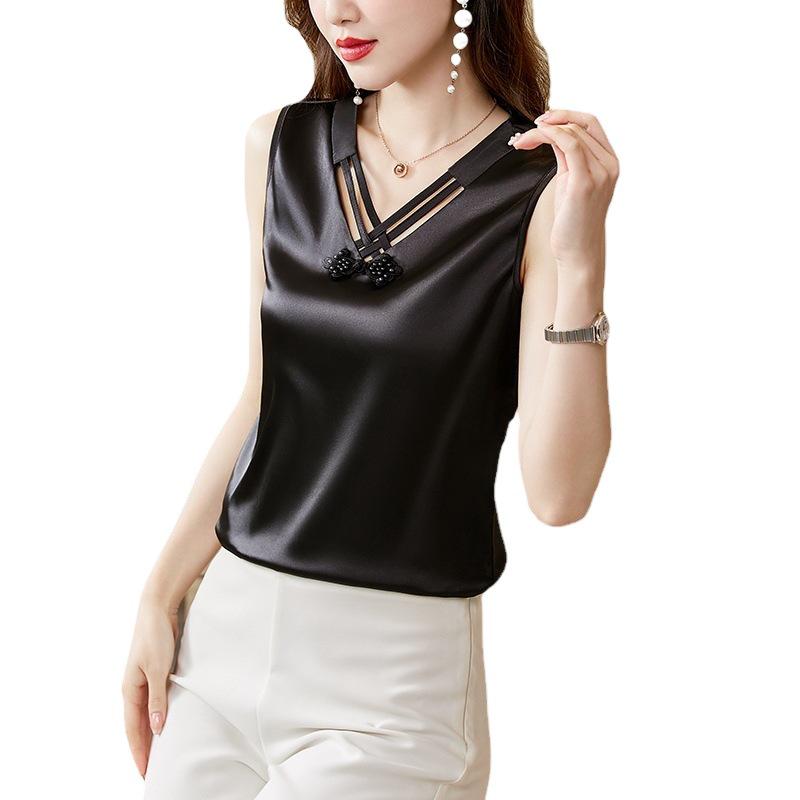 2023 Spring Satin Slimming Retro Frog Button Shirt for Women