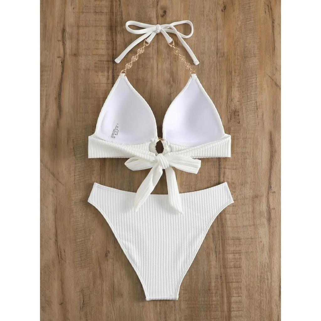 Chain Linked Cut Out Halter Bikini Sexy Swimsuit Women White Swimwear Female Bathers Bathing Swimming Swim Suit Beachwear