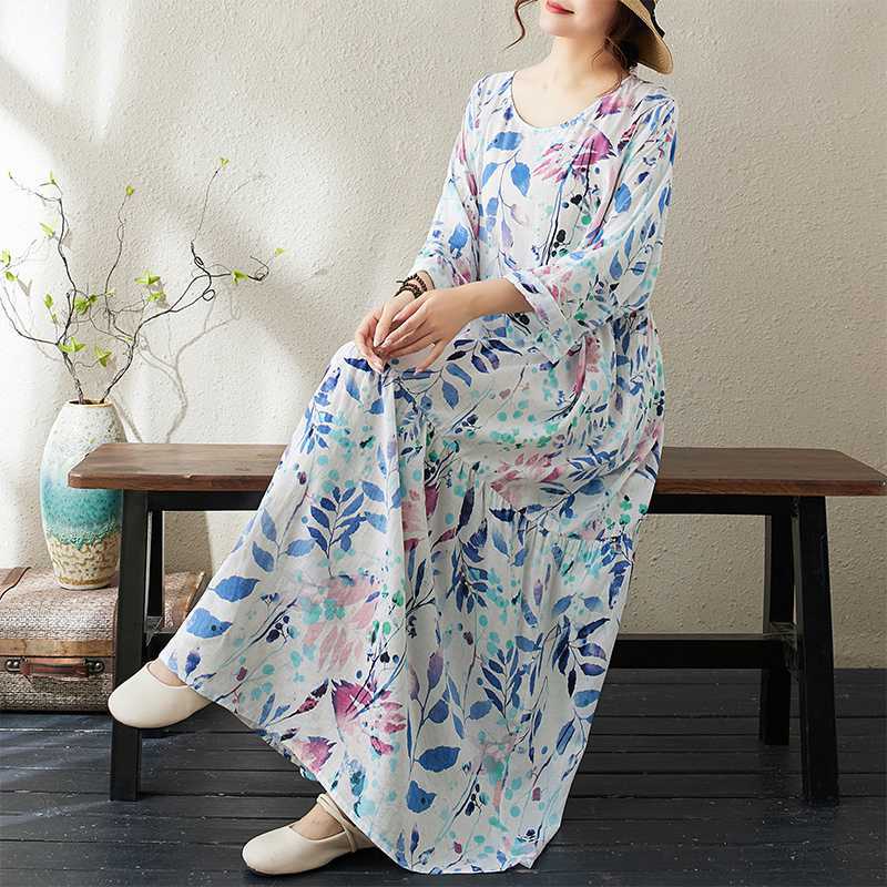 

Платье А-силуэта с круглым вырезом и цветочным принтом, с длинными рукавами, свободное, тонкое, большого размера One Size