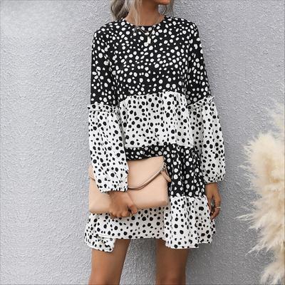 Women's Fashion Summer Polka Dot Print Long Sleeve O-Neck Casual Dresses