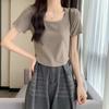 Design niche curved hem round neck short macaron T-shirt female summer hot girl versatile short-sleeved tops